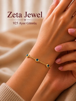 Stil Jewel Zeta Jewel 925 Ayar Gümüş Sarı Yaldızlı Cam Göz Yıldız Bileklik | Nazar Boncuklu Kadın Bileklik Hediye Kutulu
