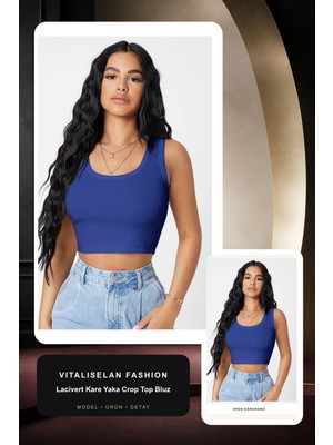 Vitaliselan Fashion Kadın Lacivert Kare Yaka Crop Top Bluz