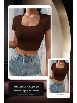 Vitaliselan Fashion Kadın Kahverengi Yarım Kol Düz Yaka Crop Top Bluz
