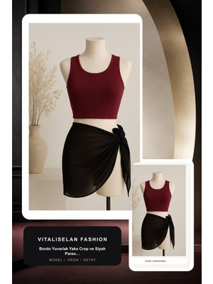 Vitaliselan Fashion Kadın Bordo Yuvarlak Yaka Crop ve Siyah Pareo 2'li Set