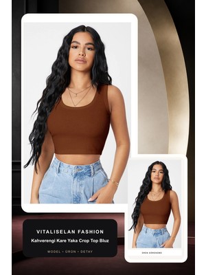 Vitaliselan Fashion Kadın Kahverengi Kare Yaka Crop Top Bluz
