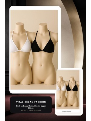 Vitaliselan Fashion Kadın Siyah ve Beyaz Minimal Kesim Üçgen Bikini Üstü
