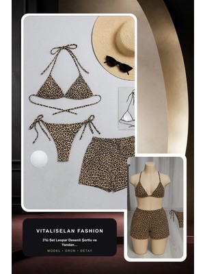 Vitaliselan Fashion Kadın 3'lü Set Leopar Desenli Şortlu ve Yandan Bağlamalı Bikini Mayo Takımı