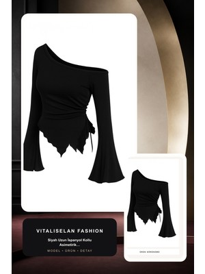 Vitaliselan Fashion Kadın Siyah Uzun Ispanyol Kollu Asimetirik Yaka Yandan Bağlamalı Drapeli Bluz