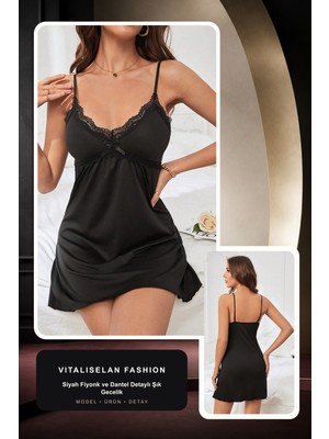 Vitaliselan Fashion Kadın Siyah Fiyonk ve Dantel Detaylı Şık Gecelik