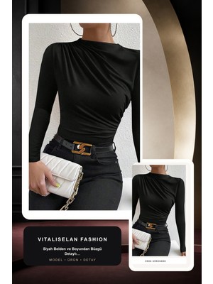 Vitaliselan Fashion Kadın Siyah Belden ve Boyundan Büzgü Detaylı Uzun Kollu Bluz