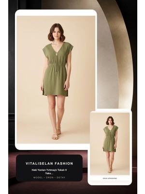 Vitaliselan Fashion Kadın Haki Yanları Yırtmaçlı Tokalı V Yaka Mini Plaj Elbisesi