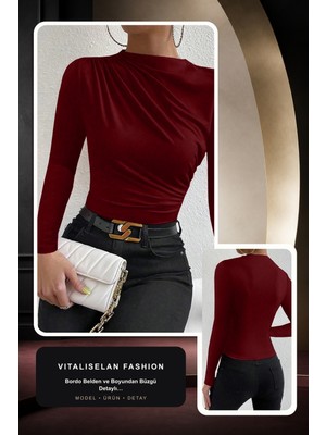 Vitaliselan Fashion Kadın Bordo Belden ve Boyundan Büzgü Detaylı Uzun Kollu Bluz