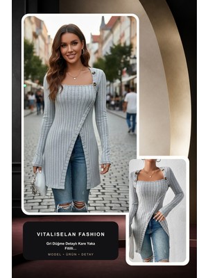 Vitaliselan Fashion Kadın Gri Düğme Detaylı Kare Yaka Fitilli Asimetrik Etekli Uzun Kollu Bluz