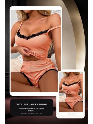 Vitaliselan Fashion Kadın Mercan Pembe Alt ve Üst Dantel Detaylı Şortlu Gecelik Takımı