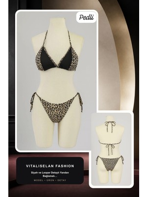 Vitaliselan Fashion Kadın Siyah ve Leopar Detaylı Yandan Bağlamalı Bikini Takımı