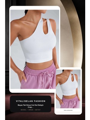 Vitaliselan Fashion Kadın Beyaz Tek Omuz Cut Out Detaylı Crop Top Bluz