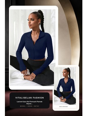 Vitaliselan Fashion Kadın Lacivert Uzun Kol Fermuarlı Parmak Geçme Detaylı Dik Yaka Crop Top Bluz