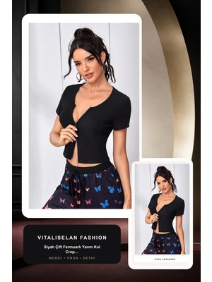Vitaliselan Fashion Kadın Siyah Çift Fermuarlı Yarım Kol Crop Top Bluz