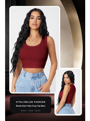 Vitaliselan Fashion Kadın Bordo Kare Yaka Crop Top Bluz