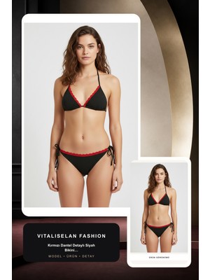 Vitaliselan Fashion Kırmızı Dantel Detaylı Siyah Bikini Takımı – Ayarlanabilir Ipli, Içten Şardonlu, Kadın Mayo