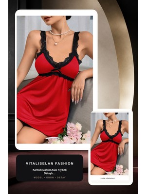 Vitaliselan Fashion Kadın Kırmızı Dantel Asılı Fiyonk Detaylı Gecelik Takımı
