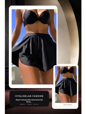 Vitaliselan Fashion Kadın Siyah Yırtmaçlı Etek Görünümlü Şık Deniz Şortu