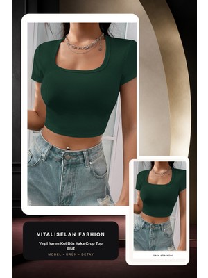 Vitaliselan Fashion Kadın Yeşil Yarım Kol Düz Yaka Crop Top Bluz