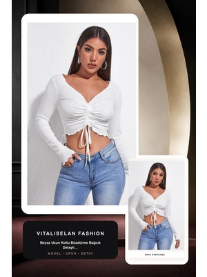 Vitaliselan Fashion Kadın Beyaz Uzun Kollu Büzdürme Bağcık Detaylı Crop Top Bluz
