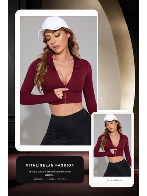 Vitaliselan Fashion Kadın Bordo Uzun Kol Fermuarlı Parmak Geçme Detaylı Dik Yaka Crop Top Bluz