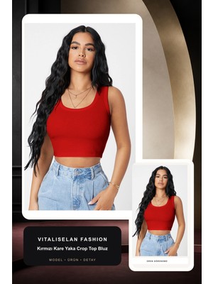 Vitaliselan Fashion Kadın Kırmızı Kare Yaka Crop Top Bluz