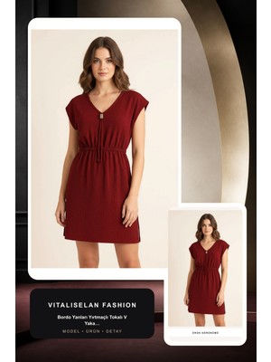 Vitaliselan Fashion Kadın Bordo Yanları Yırtmaçlı Tokalı V Yaka Mini Plaj Elbisesi