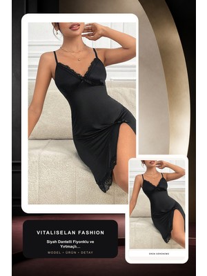 Vitaliselan Fashion Kadın Siyah Dantelli Fiyonklu ve Yırtmaçlı Şık Gecelik