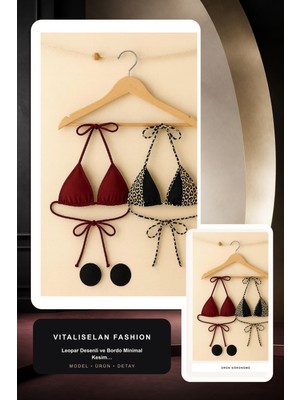 Vitaliselan Fashion Kadın Leopar Desenli ve Bordo Minimal Kesim Üçgen Bikini Üstü
