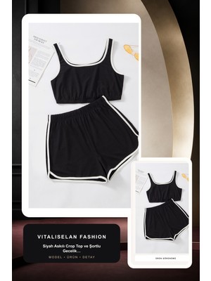 Vitaliselan Fashion Kadın Siyah Askılı Crop Top ve Şortlu Gecelik Takım