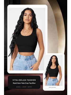 Vitaliselan Fashion Kadın Siyah Kare Yaka Crop Top Bluz