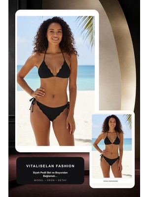 Vitaliselan Fashion Kadın Siyah Pedli Bel ve Boyundan Bağlamalı Dantelli Şık Bikini Takımı