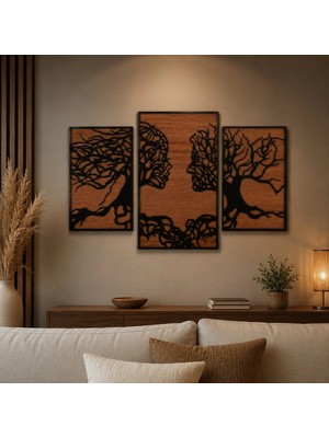 Runc Design 3 Parçalı Aşk Ağacı Ahşap Duvar Tablosu – Ceviz Desenli & Siyah Mdf Modern Salon Dekoru