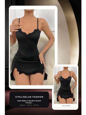 Vitaliselan Fashion Kadın Siyah Göğsü ve Bacakları Dantelli Yırtmaçlı Şık Gecelik