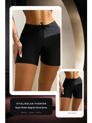 Vitaliselan Fashion Kadın Siyah Önden Bağcıklı Deniz Şortu