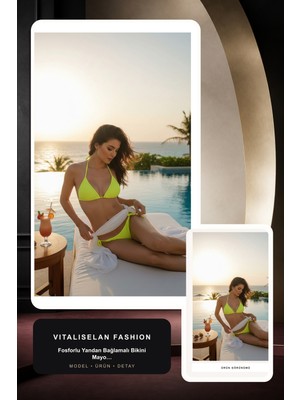 Vitaliselan Fashion Kadın Fosforlu Yandan Bağlamalı Bikini Mayo Takımı