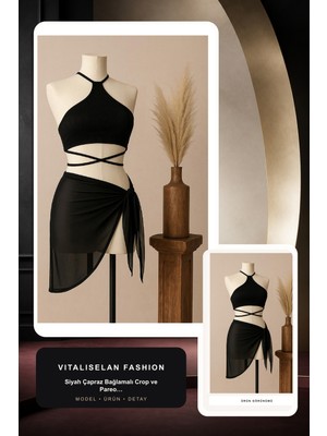 Vitaliselan Fashion Kadın Siyah Çapraz Bağlamalı Crop ve Pareo 2'li Set