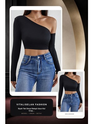 Vitaliselan Fashion Kadın Siyah Tek Omuz Detaylı Uzun Kol Crop Top Bluz