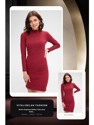 Vitaliselan Fashion Kadın Bordo Kaşkorse Balıkçı Yaka Uzun Kollu Bodycon Mini Elbise