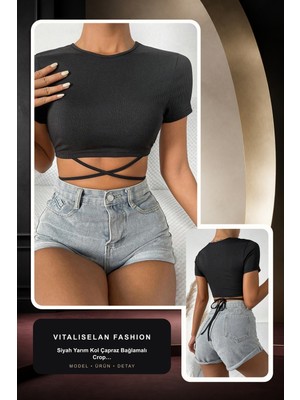 Vitaliselan Fashion Kadın Siyah Yarım Kol Çapraz Bağlamalı Crop Top Bluz