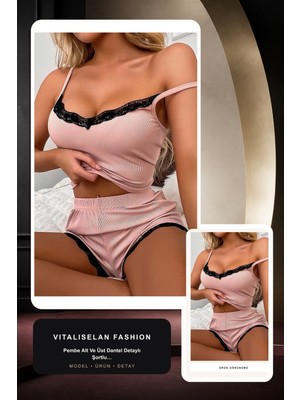 Vitaliselan Fashion Kadın Pembe Alt ve Üst Dantel Detaylı Şortlu Gecelik Takımı