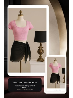 Vitaliselan Fashion Kadın Pembe Yarım Kol Crop ve Siyah Pareo 2'li Set