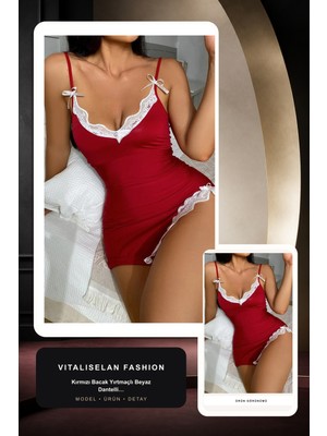 Vitaliselan Fashion Kadın Kırmızı Bacak Yırtmaçlı Beyaz Dantelli ve Fiyonklu Şık Gecelik