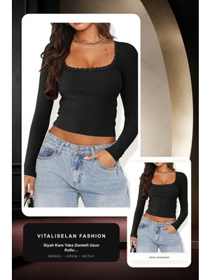 Vitaliselan Fashion Kadın Siyah Kare Yaka Dantelli Uzun Kollu Crop Top Bluz