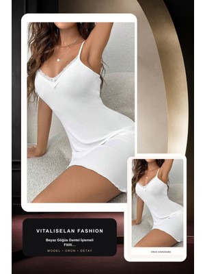Vitaliselan Fashion Kadın Beyaz Göğüs Dantel Işlemeli Fitilli Kumaş Şık Gecelik