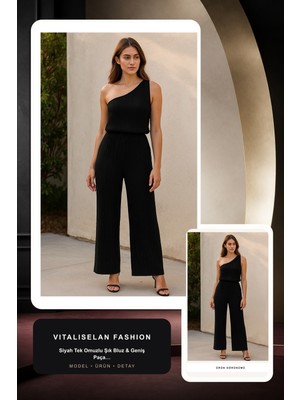 Vitaliselan Fashion Kadın Siyah Tek Omuzlu Şık Bluz & Geniş Paça Pantolon Ikili Takım
