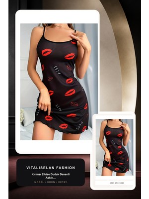 Kadın Elbise Kırmızı Dudak Desenli Askılı Seksi Elbise | Vitaliselan Fashion