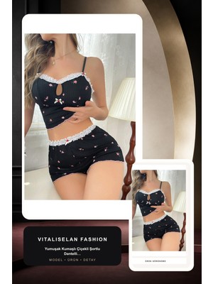 Vitaliselan Fashion Yumuşak Kumaşlı Çiçekli Şortlu Dantelli Gecelik Takımı, Rahat ve Şık Ev Giyim,kadın Pijama | Vitalis