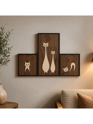 Runc Design 3 Parçalı Ahşap Kedi Duvar Dekoru | Ceviz Desenli Minimalist Salon, Oturma Odası ve Ofis Tablosu