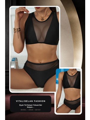 Vitaliselan Fashion Kadın Siyah Tül Detaylı Yüksek Bel Sütyen Takımı